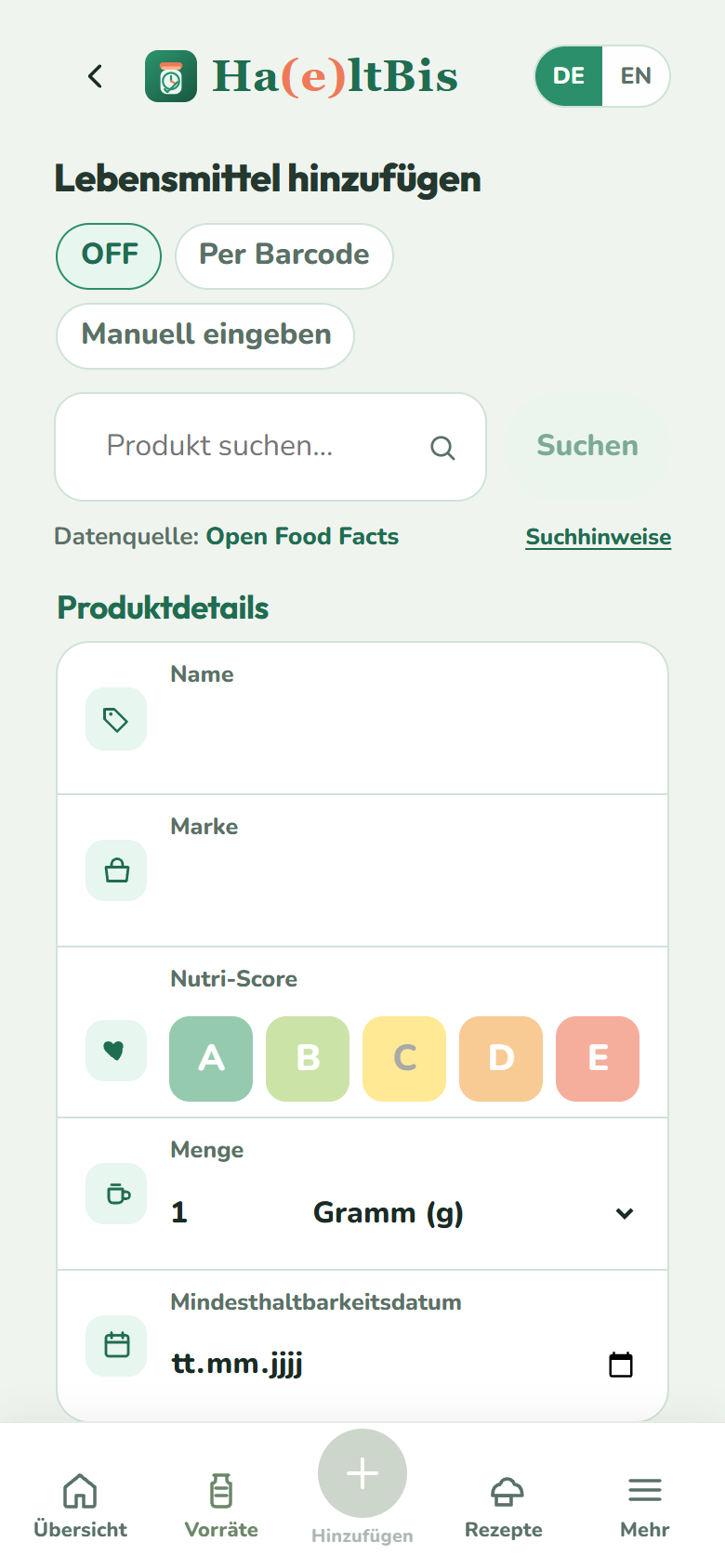 Ha(e)ltBis Lebensmittel hinzufügen