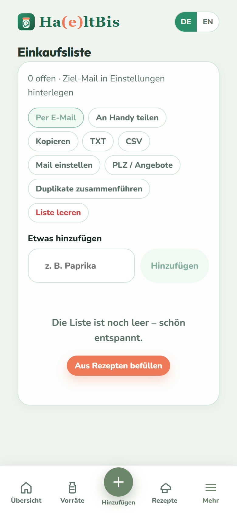 Screenshot: Einkaufsliste